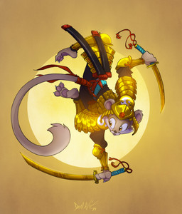 action_pose anthro armor biped black_nose cheek_tuft claws clothed clothing facial_tuft green_eyes headgear helmet holding_melee_weapon holding_object holding_sword holding_weapon jumping looking_aside male melee_weapon open_mouth pawpads pose round_ears samurai solo sword tan_body toe_claws tuft warrior weapon david_lillie ambiguous_species 2023 hi_res