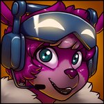 anthro black_border blue_eyes border electronics female fur headphones microphone open_mouth pink_body pink_fur purple_nose smile solo visor white_body white_fur james_howard epic_games fortnite dj_bop alpaca camelid mammal 1:1 headshot_portrait icon portrait