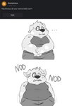 anthro belly blush chubby_cheeks clothed clothing countershading ellipsis fangs floppy_ears fully_clothed fur looking_at_viewer looking_away male markings moobs nodding overweight overweight_anthro overweight_male shirt slightly_chubby slightly_chubby_anthro slightly_chubby_male solo spots spotted_body spotted_fur tank_top teeth text thinking thoughtful_expression topwear underbite young young_anthro sinood1e curious_cat brutus_miller_(nood1e) canid canine canis domestic_dog mammal absurd_res english_text hi_res