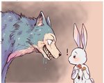 2020 beastars bodily_fluids canid canine canis comic digital_media_(artwork) domestic_rabbit drooling duo dwarf_rabbit eden_fries exclamation_point female feral feralized flower fur haru_(beastars) lagomorph larger_male legoshi_(beastars) leporid looking_at_another male mammal oryctolagus plant rabbit saliva sharp_teeth size_difference smaller_female teeth white_body white_fur wolf