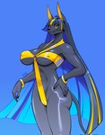 anthro big_breasts bikini black_body black_hair blue_eyes blue_hair breasts circlet clothing female hair looking_at_viewer multicolored_hair ring_(jewelry) solo swimwear thick_thighs two-piece_swimsuit butter_sugoi canid canine canis domestic_dog mammal hi_res