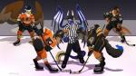 anthro black_body black_fur brown_body brown_fur clothed clothing dipstick_tail feathered_wings feathers footwear fur group hair hockey hockey_stick ice ice_skates ice_skating jersey legwear markings membrane_(anatomy) membranous_wings socks sport tail tail_markings wings wooperworks anaheim_ducks mythology nhl philadelphia_flyers accipitrid accipitriform avian bald_eagle bird canid canine canis dragon eagle mammal mythological_creature mythological_scalie scalie sea_eagle wolf 2016 digital_media_(artwork)