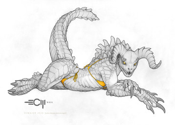 ambiguous_gender anthro bikini claws clothed clothing curved_horn eyebrow_piercing facial_piercing horn lying on_side piercing semi-anthro sharp_teeth simple_background skimpy solo swimwear tail teeth thick_tail two-piece_swimsuit wide_hips yellow_eyes ecmajor fallout microsoft deathclaw reptile scalie 2026 dated hi_res sketch