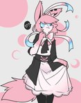 anthro blue_eyes bow_tie clothing dress femboy fluffy fluffy_tail gloves_(marking) hair maid_uniform male markings pink_hair ribbons solo speech_bubble tail uniform caeleste nintendo pokemon nova_(caeleste) eeveelution generation_6_pokemon pokemon_(species) sylveon 2022 digital_drawing_(artwork) digital_media_(artwork) hi_res