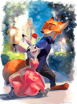 anthro anthro_on_anthro bow_tie canon_couple clothing dress duo female female_anthro flower holding_flower holding_object interspecies larger_male male male_anthro plant predator/prey rose_(flower) size_difference smaller_female suit_vest walking tomoe00022 disney zootopia judy_hopps nick_wilde canid canine european_rabbit fox lagomorph leporid mammal oryctolagus rabbit red_fox true_fox digital_media_(artwork) digital_painting_(artwork) hi_res painting_(artwork)