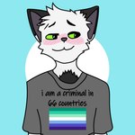 anthro black_ears blush blush_lines clothing fur lgbt_pride male pride_color_t-shirt pride_colors shirt simple_background solo standing t-shirt text topwear vincian_pride_colors white_body white_fur blizzardfur-maxxx blizzardfur domestic_cat felid feline felis mammal 1:1 hi_res portrait