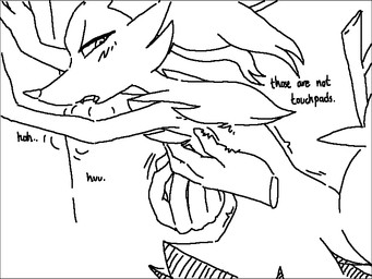 1-bit 3_fingers 5_fingers against_surface ambiguous_anthro ambiguous_gender ambiguous_human anthro arm_tuft black_border blush blush_lines border breath cheek_tuft cute_fangs disembodied_hand duo ears_back facial_tuft fangs fingers flat_chested grope groping_from_behind hip_tuft inner_ear_fluff leaning leaning_forward looking_back narrowed_eyes nipple_fetish nipple_pinch nipple_play nude_ambiguous nude_anthro object_in_tail open_mouth panting pinch pivoted_ears pointy_ears prick_ears shoulder_tuft side_view simple_background solo_focus standing stick stick_in_tail tail tapering_snout teeth text tongue tremble_spikes tuft white_background stoic5 nintendo pokemon braixen canid generation_6_pokemon human mammal pokemon_(species) 2020 4:3 aliasing binary_drawing black_and_white digital_drawing_(artwork) digital_media_(artwork) english_description english_text greyscale monochrome