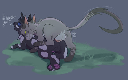 anal animal_genitalia balls black_body black_fur black_nose blue_eyes butt dialogue duo ear_tuft feral feral_on_feral from_behind_position fur genitals gloves_(marking) grass green_eyes grey_body grey_fur inner_ear_fluff looking_pleasured looking_up male male/male markings onomatopoeia pawpads penetration penis pink_nose plant sex smile sound_effects submissive text tuft white_body white_fur littleperrito warriors_(book_series) needletail_(warriors) stormclaw_(st0rmc1aw) domestic_cat felid feline felis mammal hi_res