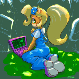 accessory anthro blonde_hair breasts clothing computer electronics female flower flower_in_hair footwear grass green_eyes hair hair_accessory laptop long_hair plant ponytail sitting smile solo ema_npr activision crash_bandicoot_(series) coco_bandicoot bandicoot mammal marsupial 1:1 2020 hi_res signature