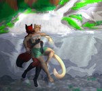 anthro clothing crotch_grab duo eyewear glasses grope groping_from_behind jewelry male male/male necklace river sneak_attack surprise swimming swimming_trunks swimwear waterfall darknesshaven blaze_wolf jesse_cat canid canine canis domestic_cat felid feline felis mammal wolf