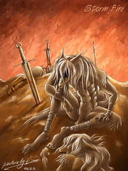 abs ambiguous_gender anthro armor balls barefoot blood blood_on_shoulder blood_on_sword blood_on_weapon blood_stain bodily_fluids brown_body brown_fur brown_hair death feet fire flaccid fur genitals grey_hair group hair hand_on_leg impalement leg_wraps looking_forward lying male melee_weapon mostly_nude on_front penis planted_weapon sitting solo_focus sword tail text title vambrace weapon wraps karabiner equid equine horse mammal 1996 3:4 dated english_text signature