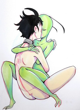 3_fingers antennae_(anatomy) black_hair butt collar cuddling duo eyes_closed fingers green_body green_skin hair kissing male male/male not_furry nude scar simple_background straddling white_background space-tanuki invader_zim nickelodeon dib_membrane zim_(invader_zim) alien alien_humanoid human humanoid irken mammal hi_res