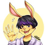 anthro black_hair fur hair highlights_(coloring) male purple_eyes purple_hair smile solo yellow_body yellow_fur kuro-nek0 dami_(damian5320) lagomorph leporid mammal rabbit 1:1 bust_portrait hi_res portrait