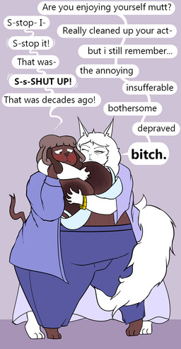 3_toes anthro areola big_areola big_breasts blush bodily_fluids breasts brown_body brown_fur clawing claws dialogue dominant dominant_female duo eyelashes feet female female/female finger_claws fur huge_areola huge_breasts long_eyelashes mature_anthro mature_female obese obese_anthro obese_female overweight overweight_anthro overweight_female profanity submissive submissive_female sweat tear_trough text toes undressing_another white_body white_fur oxkingky catherine_(oxkingky) dorothy_b_hound canid canine canis domestic_cat domestic_dog felid feline felis mammal 2026 english_text hi_res