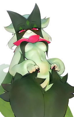 anthro areola areola_slip bedroom_eyes biped blush breasts female fur green_body green_fur looking_at_viewer medium_breasts nails narrowed_eyes navel pink_eyes pupils seductive simple_background slit_pupils smile smiling_at_viewer solo white_background yuio nintendo pokemon generation_9_pokemon meowscarada pokemon_(species) 2d_animation animated motion_tweening no_sound short_playtime video