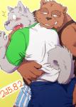 blush butt clothing duo eyes_closed hug humanoid_hands kemono male male/male shirt slightly_chubby topwear underwear undressing n_gata21 bear canid canine mammal 2015