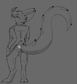 anthro big_ears big_tail biped bottomless bulge bulge_from_behind clothed clothing curled_tail digitigrade face_tentacles fangs hand_in_pocket jockstrap looking_at_viewer looking_back looking_back_at_viewer male male_anthro pockets sabertooth_(anatomy) sleeveless_vest smug_grin solo tail teeth tentacles topwear torn_sleeves underwear vest yiffster mythology bat dragon hybrid mammal mythological_creature mythological_scalie scalie monochrome