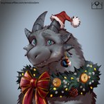 abstract_background christmas_clothing christmas_headwear clothing feral fur garland green_eyes grey_body grey_fur hat headgear headwear holidays horn looking_at_viewer mistletoe plant santa_hat smile smiling_at_viewer wreath_around_neck wreath_bow errokioslem christmas mythology bauble dragon mythological_creature mythological_scalie scalie 1:1 hi_res portrait three-quarter_portrait