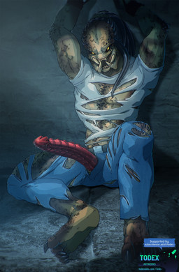 5_toes angry big_penis bodily_fluids bottomwear bound clothed clothing denim denim_bottomwear denim_clothing erection feet genital_fluids genitals half-erect hands_tied jeans long_penis male muscular muscular_male pants penis penis_poking_out penis_through_fly precum toes torn_clothing yellow_eyes todex predator_(franchise) alien yautja hi_res