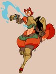 anthro armor belt bottomwear brown_clothing brown_gloves brown_handwear buckteeth clothed clothed_anthro clothed_male clothing crop_top gloves green_clothing gun handgun handwear holster male midriff navel open_mouth orange_eyes ranged_weapon revolver shield shirt simple_background small_waist solo tail teeth thick_thighs topwear tunic weapon wide_hips jinti aidan_(nackvixen) mammal rodent sciurid tree_squirrel 2024 hi_res signature