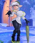 big_breasts breasts clothed clothing ear_piercing ear_ring exposed_shoulder female fully_clothed hair hat headgear headwear huge_breasts humanoid_pointy_ears nipple_outline piercing pseudo_hair ring_piercing small_waist solo tentacle_hair tentacles text thick_thighs umbrella white_hair wide_hips snao nintendo splatoon marie_(splatoon) animal_humanoid cephalopod cephalopod_humanoid humanoid inkling marine marine_humanoid mollusk mollusk_humanoid 2024 colored dated digital_media_(artwork) english_text hi_res shaded signature