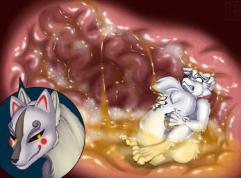 anthro bodily_fluids digestion feral inside_stomach internal male male/male mask oral_vore organs scared smug_face stomach stomach_acid vore white_body yellow_eyes joooon capcom okami_(capcom) kinoko_(foxkami) ninetails_(okami) arctic_fox canid canine fox hybrid mammal true_fox colored hi_res shaded