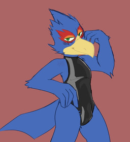 anthro beak bedroom_eyes black_clothing black_leotard blue_body bulge clothing green_eyes latex latex_clothing leotard male narrowed_eyes red_background seductive simple_background solo yellow_beak aero_moon_ad nintendo star_fox falco_lombardi avian bird