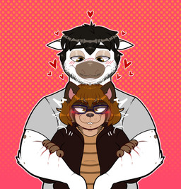 4_fingers anthro arm_markings arm_tuft arms_bent bangs beard black_claws black_clothing black_eyebrows black_hair black_jacket black_topwear blue_eyewear blue_glasses blush blush_lines brown_body brown_clothing brown_eyebrows brown_eyes brown_fur brown_hair brown_markings brown_nose brown_pupils brown_shirt brown_topwear claws clothed clothed_anthro clothed_female clothed_male clothing dotted_background duo elbow_tuft eyebrow_through_hair eyebrows eyewear facial_hair female female_anthro finger_claws fingers fur glasses grey_clothing grey_outline grey_shirt grey_t-shirt grey_topwear hair half-closed_eyes heart_symbol hearts_around_head hug hugging_another hugging_from_behind interspecies jacket larger_anthro larger_male light male male/female male_anthro markings multicolored_body multicolored_fur mustache narrowed_eyes open_clothing open_jacket open_topwear outline pattern_background pink_inner_ear pupils rectangular_glasses red_background scratches scratching seam_(sewing) sharp_teeth shirt short_hair simple_background size_difference smaller_anthro smaller_female smile smiling_at_another smiling_at_partner smiling_at_viewer standing stubble t-shirt tan_eyelids teeth topwear translucent translucent_hair tuft whisker_spots white_body white_fur ractoons colty_(colty8) raquel_(ractoons) equid equine horse mammal procyonid raccoon 2024 absurd_res colored digital_drawing_(artwork) digital_media_(artwork) hi_res lighting