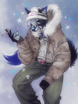 ambiguous_gender anthro beanie belt belt_buckle black_body black_fur blue_beans blue_body blue_eyes blue_fur blue_markings bottomwear buckle camo camo_clothing camo_jacket camo_print cigarette clothing denim denim_bottomwear denim_clothing dreamcore facial_piercing female fluffy_hood fur hat headgear headwear holding_cigarette holding_object jeans jewelry markings necklace nose_piercing nose_ring pants pattern_clothing piercing ring_piercing smoking snow snowing solo white_beanie white_body white_clothing white_fur white_hat white_headwear winter cornbread_clip nevada_(knifeydied) canid canine canis domestic_dog mammal wolf absurd_res hi_res