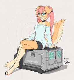 4_toes 5_fingers anthro arm_tuft biped black_bottomwear black_clothing black_shorts blue_clothing blue_eyes blue_sweater blue_topwear bottomwear box braided_hair braided_pigtails brown_background brown_body brown_fur claws clothing collar collar_tag container crate crossed_legs digitigrade eyewear fangs feet female finger_claws fingers floppy_ears fluffy fluffy_ears fluffy_tail fur futuristic_architecture futuristic_theme glasses hair hand_on_leg happy highlights_(coloring) leaning_on_hand long_hair looking_at_viewer multicolored_body multicolored_fur nipples open_mouth paws pink_hair pink_nipples pink_nose shorts shoulder_tuft simple_background sitting skinny skinny_anthro skinny_female solo sweater tail tan_body tan_fur technology teeth text text_on_box toes topwear tuft fluffyminx pinky_(fluffyminx) bird_dog canid canine canis domestic_dog golden_retriever hunting_dog mammal retriever constructed_language fictional_language hi_res