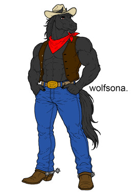abs anthro belt belt_buckle black_body black_fur blue_bottomwear blue_clothing blue_jeans blue_pants boots bottomwear brown_clothing brown_topwear brown_vest buckle button_(fastener) clothing cowboy_boots cowboy_hat cowboy_outfit denim denim_bottomwear denim_clothing footwear fur hands_in_both_pockets hat headgear headwear jeans kerchief leather leather_clothing leather_topwear leather_vest male mane muscular muscular_male pants red_eyes red_kerchief shoes solo tail topwear vest white_sclera the_wolfsona equid equine horse mammal 2:3 hi_res watermark