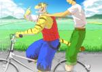 anthro bicycle big_muscles blue_eyes clothing cycling duo eyebrows fur male muscular thick_eyebrows vehicle tanbo_(flyingbananafish1210) morenatsu hiroyuki_(morenatsu) torahiko_(morenatsu) felid human mammal pantherine tiger