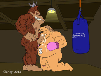 balls bodily_fluids cum cum_in_mouth cum_inside duo erection fellatio flaccid genital_fluids genitals male male/male male_penetrated male_penetrating male_penetrating_male muscular muscular_male nipples nude oral oral_penetration pecs penetration penile penis sex year clancy_(artist) donkey_kong_(series) nintendo punch-out!! donkey_kong_(character) king_hippo ape gorilla haplorhine human mammal primate 2013 4:3