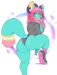 anthro big_butt blue_eyes butt clothed clothing ear_piercing female footwear hair hoodie horn panties piercing pink_hair raised_leg shoes simple_background solo spots tongue tongue_out topwear underwear white_background usnarbit fiji_(johann) canid canine fox mammal 2021 hi_res