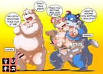 anthro balls belly big_belly blue_body blush dialogue erection genitals group kemono male male/male moobs nipples overweight overweight_male penis sex text chibineco bear canid canine felid mammal 2022 censored english_text hi_res