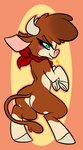 blush brown_body brown_fur brown_hair brown_tail butt feral fur green_eyes hair hooves horn kerchief looking_at_viewer looking_back looking_back_at_viewer neckerchief neckwear red_kerchief red_neckerchief simple_background solo tail shinkaku them's_fightin'_herds arizona_cow_(tfh) bovid bovine cattle mammal 2024 absurd_res flat_colors hi_res