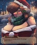 anthro arm_under_breasts big_breasts blue_eyes bodily_fluids breasts brown_hair christmas_clothing christmas_headwear city cleavage clothed clothing crying dialogue eyelashes female fur hair hair_over_eye hat headgear headwear holidays holly_(plant) hoof_hands horn night one_eye_obstructed pink_nose plant santa_hat scarf sky snow snowing solo tan_body tan_fur tears text text_box ardail christmas mocha_latte_(ardail) bovid bovine cattle mammal 5:6 absurd_res english_text hi_res