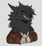 anthro black_body black_fur black_nose clothed clothing eyebrows fangs female fur smile solo teeth ramahuro canid canine canis mammal wolf hi_res