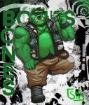 anthro belly bottomwear clothed clothing eyebrows facial_piercing green_belly green_body hair jacket male nose_piercing overweight overweight_anthro overweight_male pants piercing solo teeth text tooth_piercing topwear said_the_saisio bear mammal absurd_res english_text hi_res