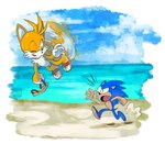 anthro bare_hands barefoot beach chasing clothing duo feet flip_flops flying footwear male multi_tail sand sandals sea shoes tail water finimun sega sonic_the_hedgehog_(series) miles_prower sonic_the_hedgehog canid canine eulipotyphlan fox hedgehog mammal