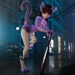 anthro backstreet baseball_bat bat_(object) cybernetic_leg cybernetic_limb cybernetics cyberpunk female machine neon_lights night raised_tail tail mokson hazel_(mokson) android felid feline genet mammal robot viverrid 1:1 3d_(artwork) absurd_res digital_media_(artwork) hi_res