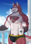 abs anthro bulge chest_tuft day fur male muscular muscular_anthro muscular_male nipples pubes red_body red_fur shirtless shirtless_male smile solo teacher tuft luwei_(artist) knights_college diederich_olsen canid canine mammal