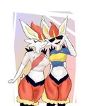 anthro bottomless breasts clothed clothing duo eyewear female fur genitals happy medium_breasts pussy simple_background soccer_jersey soccer_uniform sportswear sunglasses uniform white_body white_fur vagoncho adidas boca_juniors nintendo pokemon river_plate cinderace generation_8_pokemon pokemon_(species) hi_res