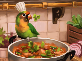 ambiguous_gender beak black_eyes chef_hat chives_(food) clothing curry feathers feral food green_body green_feathers hat headgear headwear kitchen object_in_beak onion orange_beak plant plant_in_beak red_facial_markings solo tile tile_wall vegetable wall_(structure) white_talons yellow_chest alexpahomov avian bird lovebird parrot true_parrot 2023 4:3 digital_media_(artwork) digital_painting_(artwork) painting_(artwork)