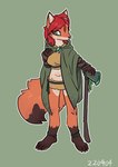 3_toes anthro axe barefoot cape claws clothing feet female fur green_eyes hair melee_weapon midriff orange_body orange_fur orange_hair pawpads simple_background solo toe_claws toes weapon crowskull canid canine fox mammal absurd_res hi_res