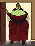 anthro big_breasts boots breasts choker clothed clothing collar corset doorway dress fangs female footwear hair high_collar high_heeled_boots high_heels horn huge_breasts jewelry lace lingerie looking_at_viewer necklace overweight overweight_anthro overweight_female red_eyes sharp_teeth shoes solo teeth thick_thighs topwear jajahyena_(artist) andrea_(deminothedragon) alligator alligatorid crocodilian demon hybrid reptile scalie vampire digital_media_(artwork) hi_res