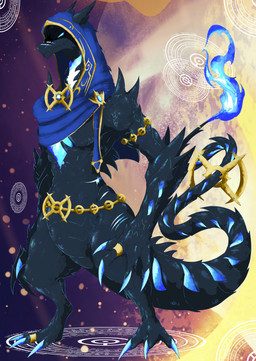 3_toes 4_fingers accessory anthro arceus_symbol belly belt biceps black_body black_scales blue_claws blue_clothing blue_eyes blue_fire bottomless bottomless_male claws cloak clothed clothing colored_fire digit_ring facial_scar fangs featureless_crotch feet finger_claws fingers fire flaming_tail furgonomics gem glowing glowing_claws glowing_eyes glowing_scar gold_(metal) hole_in_chest jagged_mouth jewelry long_tail looking_at_viewer looking_down looking_down_at_viewer male markings muscular muscular_anthro muscular_male pecs ring scales scar shadowed_face snout snout_scar solo spikes spikes_(anatomy) spines tail tail_accessory tail_jewelry tail_ring teeth toe_claws toe_ring toes topwear topwear_only wide_hips shadowsoulful mythology nintendo pokemon fan_character charizard dragon generation_1_pokemon generation_8_pokemon gigantamax_charizard gigantamax_pokemon lizard mythological_creature mythological_scalie pokemon_(species) reptile scalie 2026 absurd_res hi_res