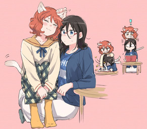 annoyed black_hair blush book bottomwear brown_hair clothing duo ear_rub exclamation_point eyes_closed eyewear female footwear furniture glasses hair pants reading reading_book shirt simple_background sitting smile socks table tail tail_motion tailwag topwear amano1549 hibike!_euphonium oumae_kumiko tanaka_asuka animal_humanoid cat_humanoid felid felid_humanoid feline feline_humanoid human humanoid mammal mammal_humanoid 2024 digital_media_(artwork) hi_res