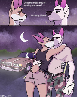 anthro bodily_fluids car clothed clothing crying detailed_background dialogue duo hug interspecies kissing male male/male military_uniform moon night outside tears text uniform vehicle cxeroannuki canid canine canis domestic_dog lagomorph leporid mammal rabbit absurd_res english_text hi_res