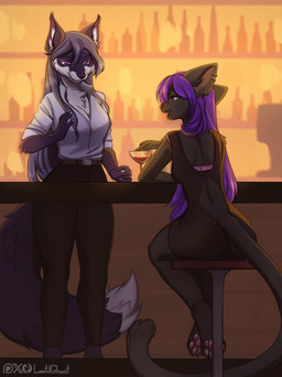 4_toes anthro barefoot biped bottomwear breasts butt claws clothed clothed_anthro clothed_female clothing duo feet female fingers front_view fully_clothed fully_clothed_anthro fully_clothed_female fur hair inside pawpads paws rear_view sitting smile soles standing tail teeth toe_claws toes tongue topwear lentilghost canid canine domestic_cat felid feline felis mammal 2026 absurd_res digital_drawing_(artwork) digital_media_(artwork) hi_res